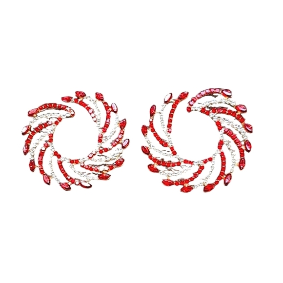 Rhinestone Dangle Drop Hoop Earrings  Red & Silver - Picture 1 of 2